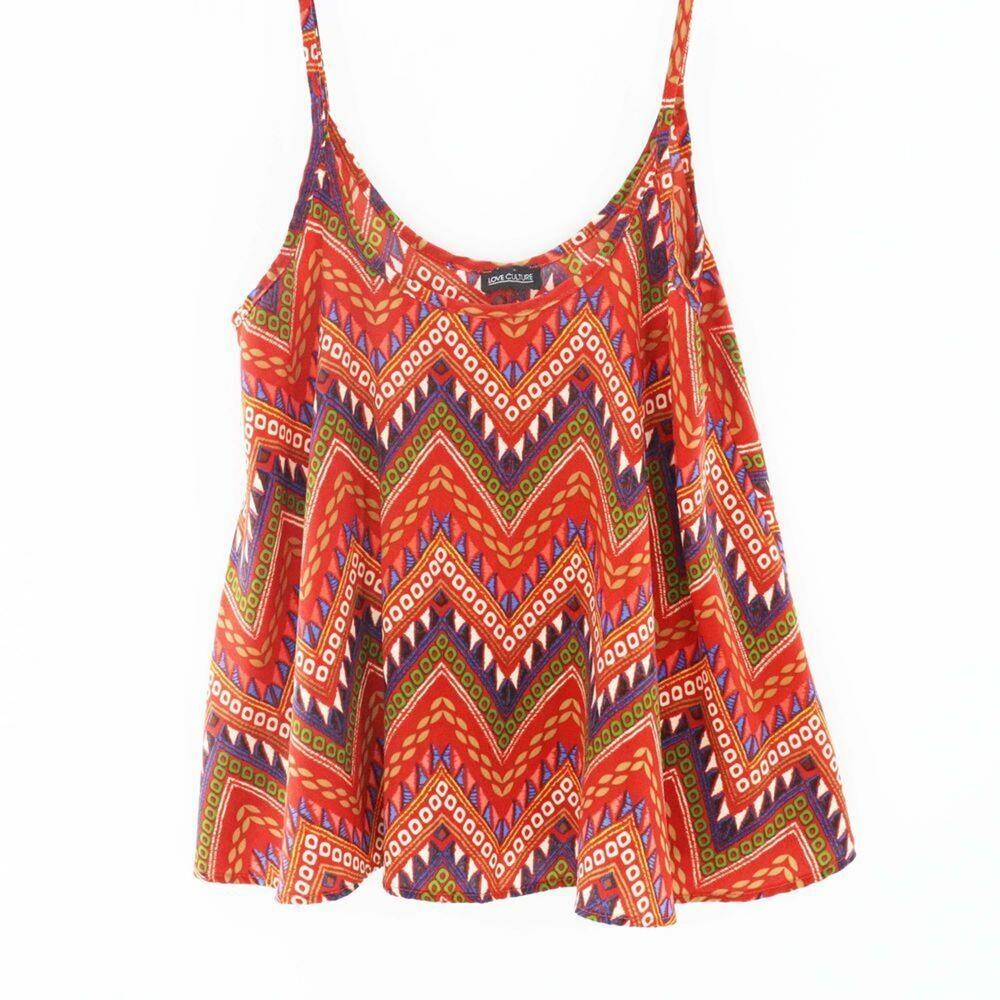Love Culture Tank Top Women M Chili Red Tribal Chevron Bell Spaghetti Straps